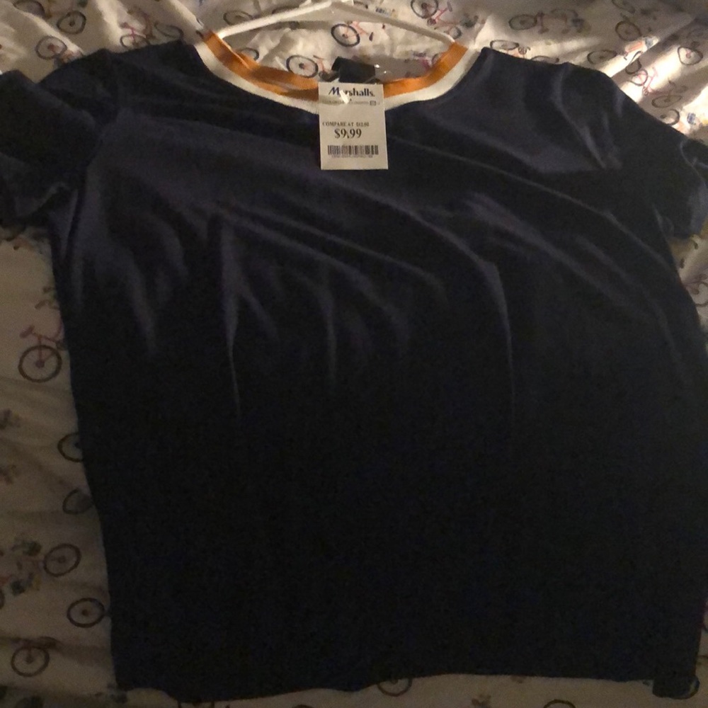 Navy blue crop top with white and gold collar